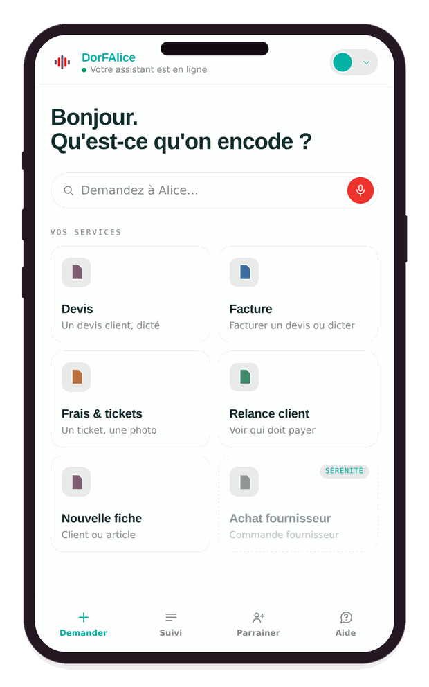 Écran d'accueil de l'application DorFAlice