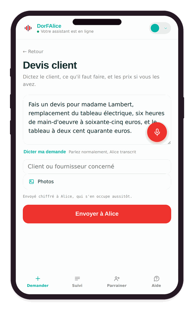 Écran de dictée d'une demande
