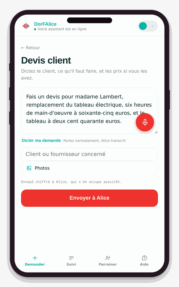 Écran de dictée d'une demande