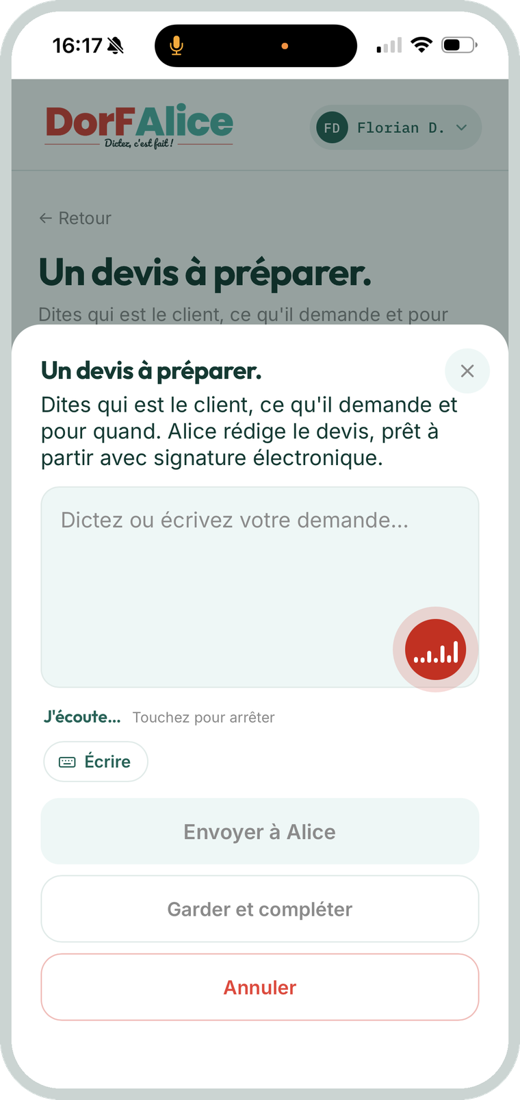 Une dictée en cours dans DorFAlice : le texte s'écrit pendant qu'on parle