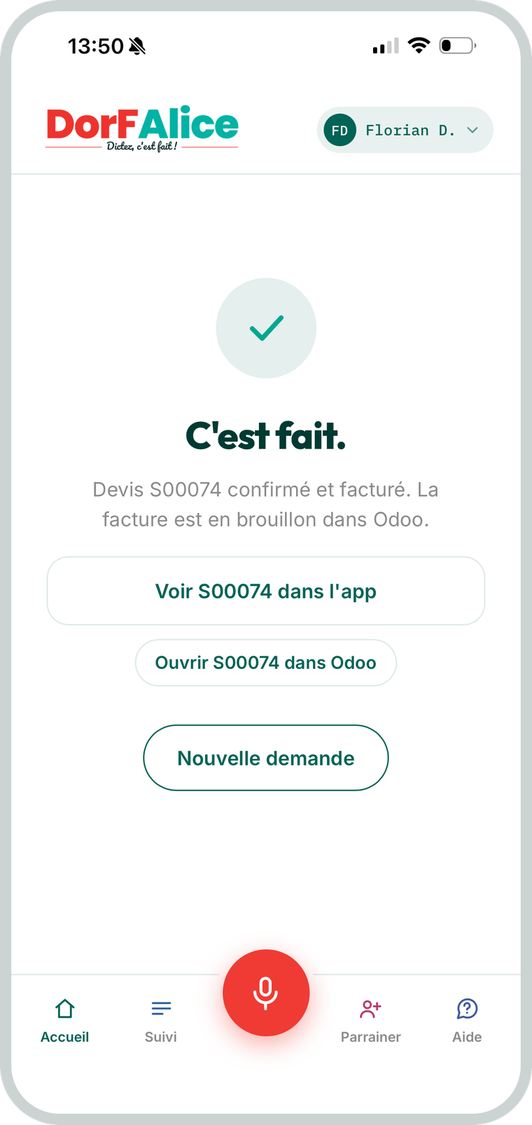 L'écran de confirmation : le document est créé, et le lien vers votre Odoo est là si vous voulez y aller