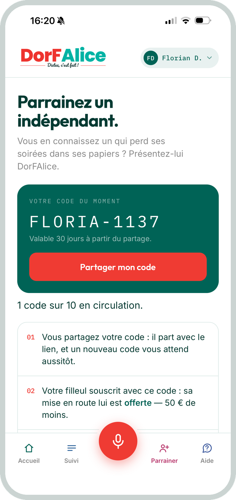 L'écran de parrainage