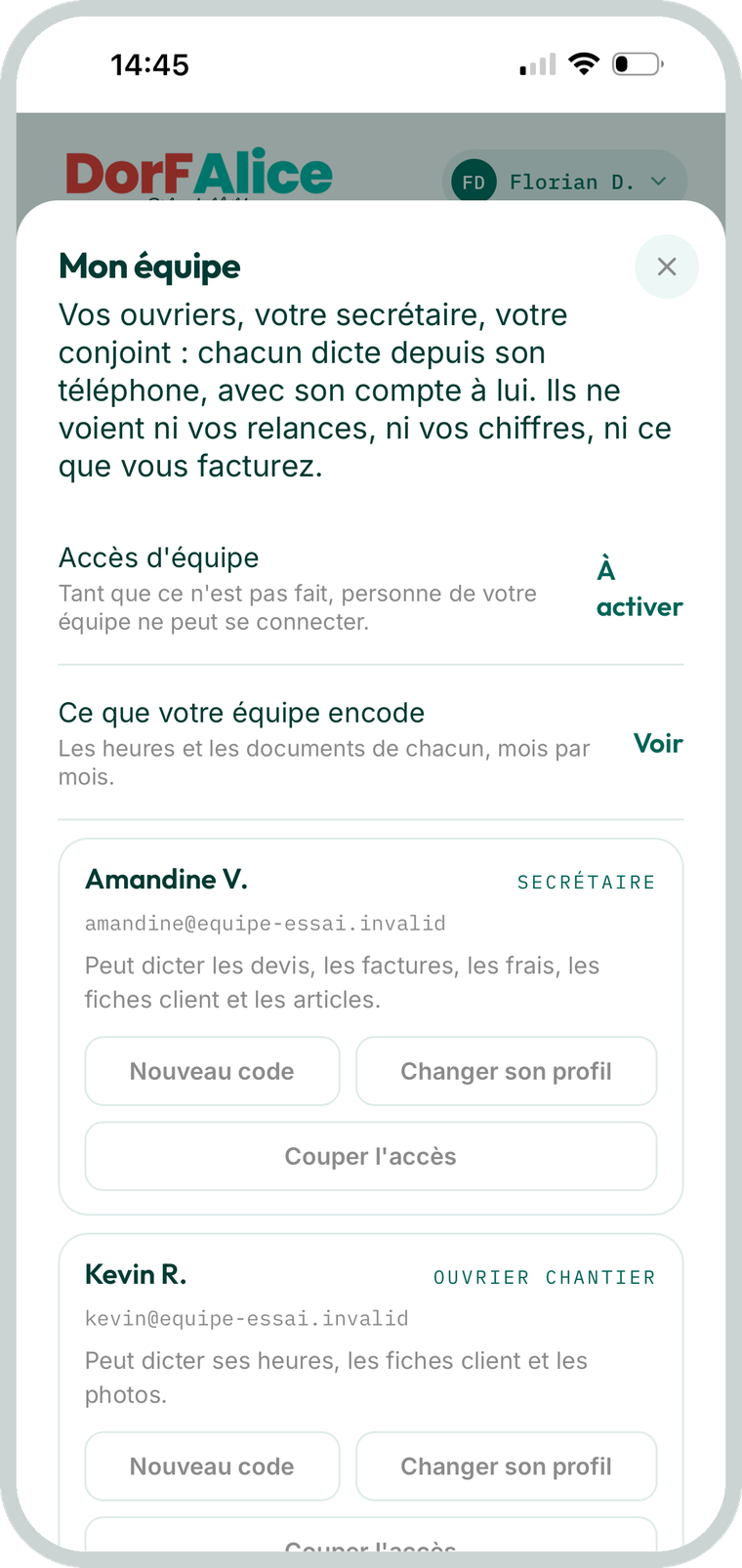L'écran Mon équipe de l'application DorFAlice