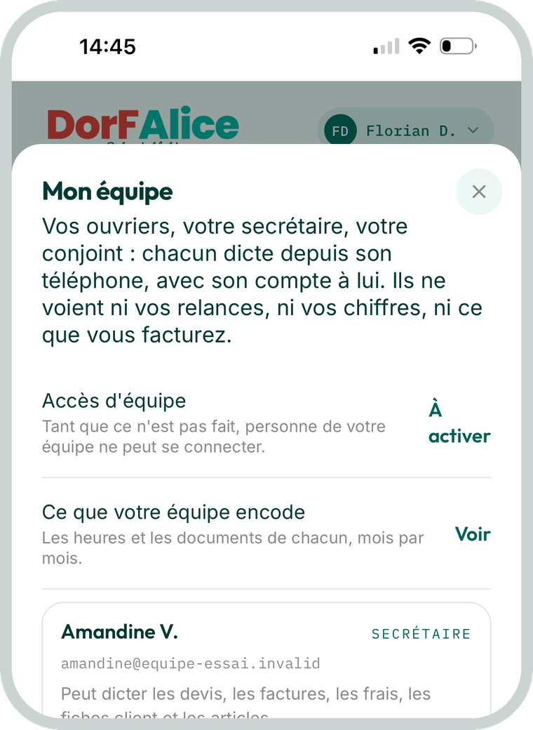L'écran Mon équipe de l'application DorFAlice