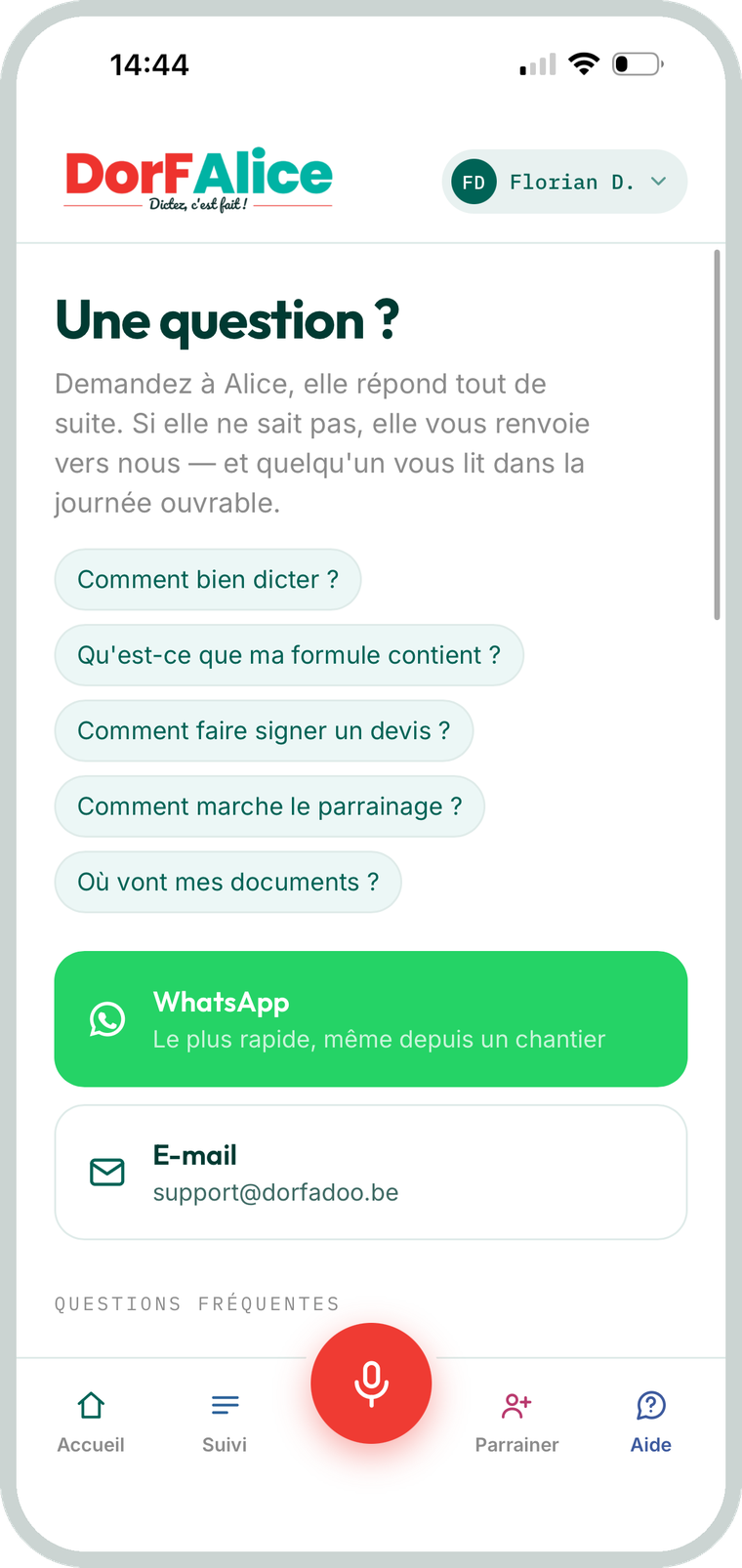 L'écran d'aide de l'application DorFAlice