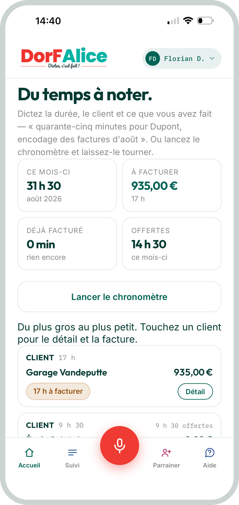 Les heures notées du mois dans l application DorFAlice
