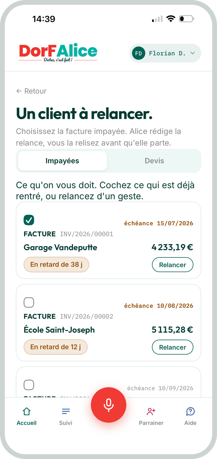 La liste des factures impayées dans l application DorFAlice