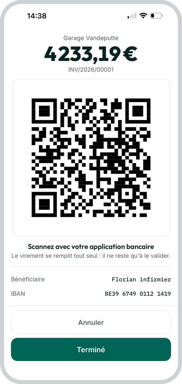 Le QR de paiement montré au client, qui scanne avec son application bancaire