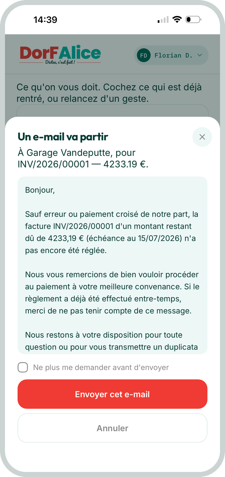 L e-mail de relance rédigé par Alice, à relire avant l envoi