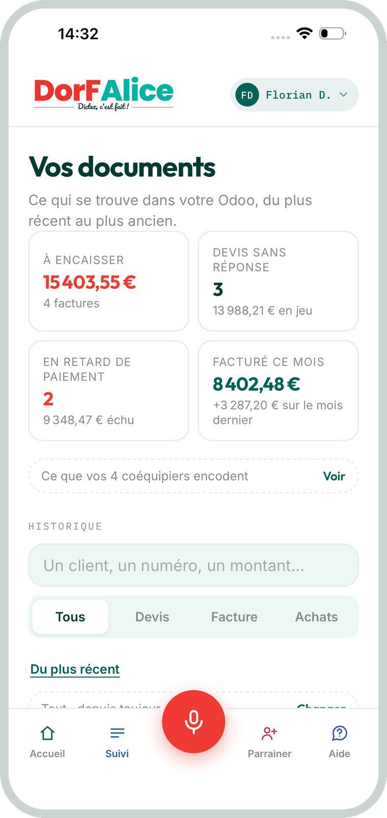 Les quatre totaux du mois dans l'application DorFAlice