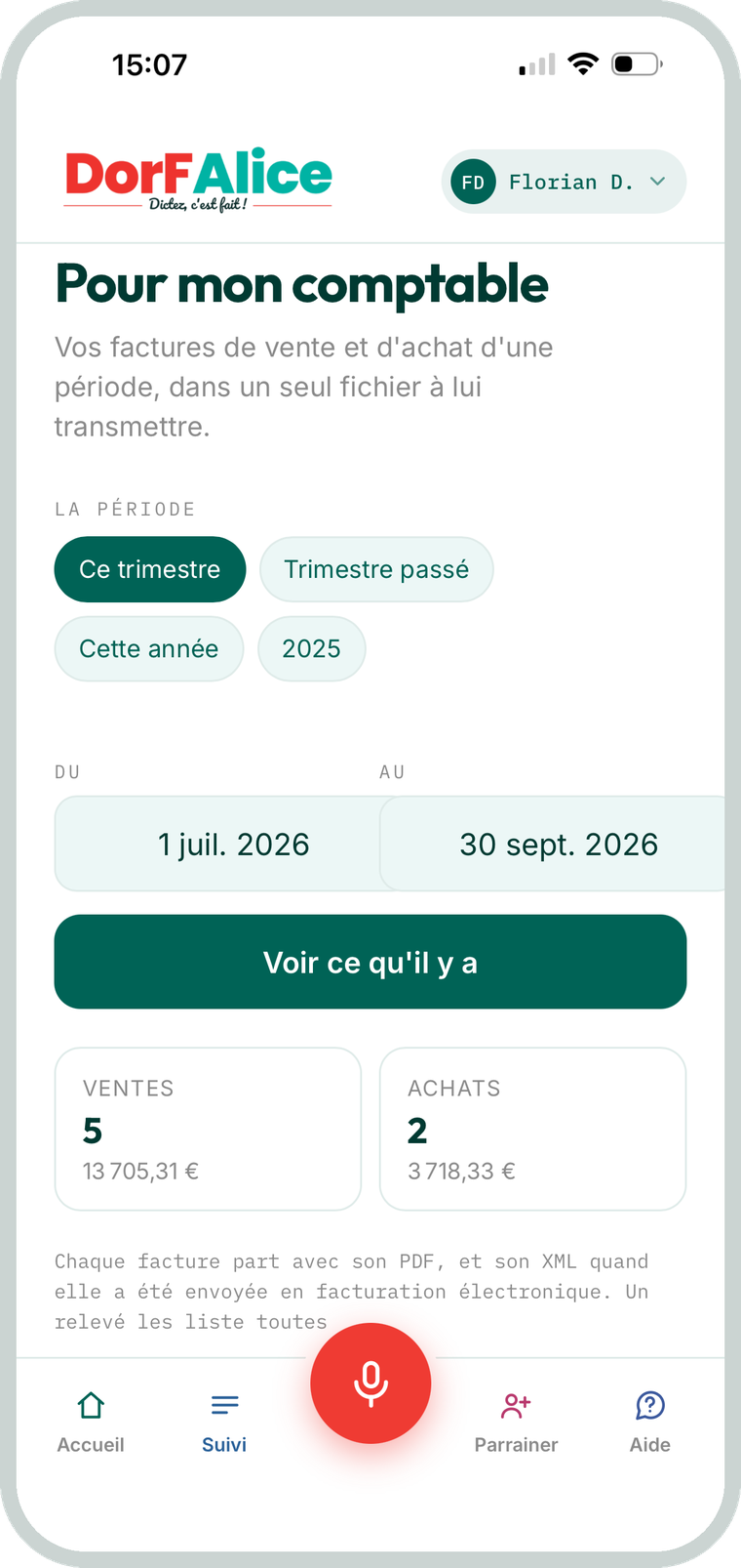 L'écran « Pour mon comptable » de l'application DorFAlice : le choix de la période