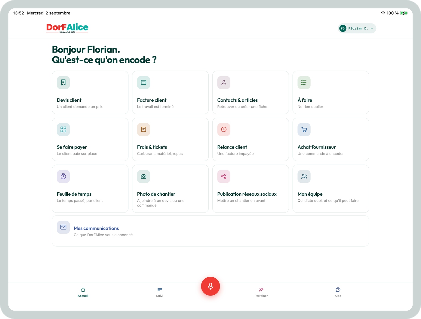 DorFAlice ouverte sur un iPad tenu à l-horizontale : les douze tuiles en quatre colonnes