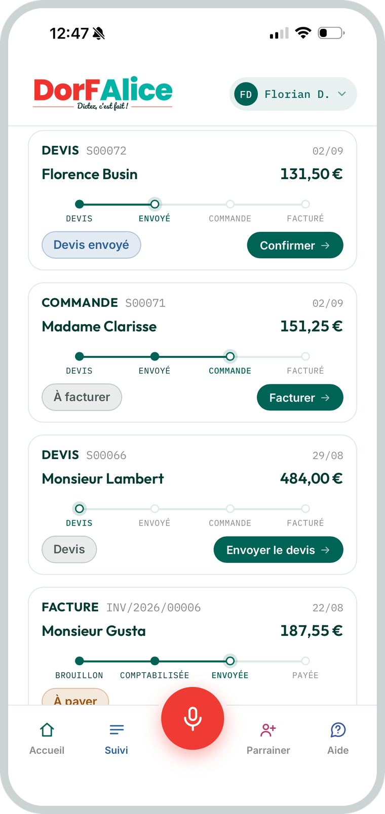 La liste du suivi : chaque document avec son étape
