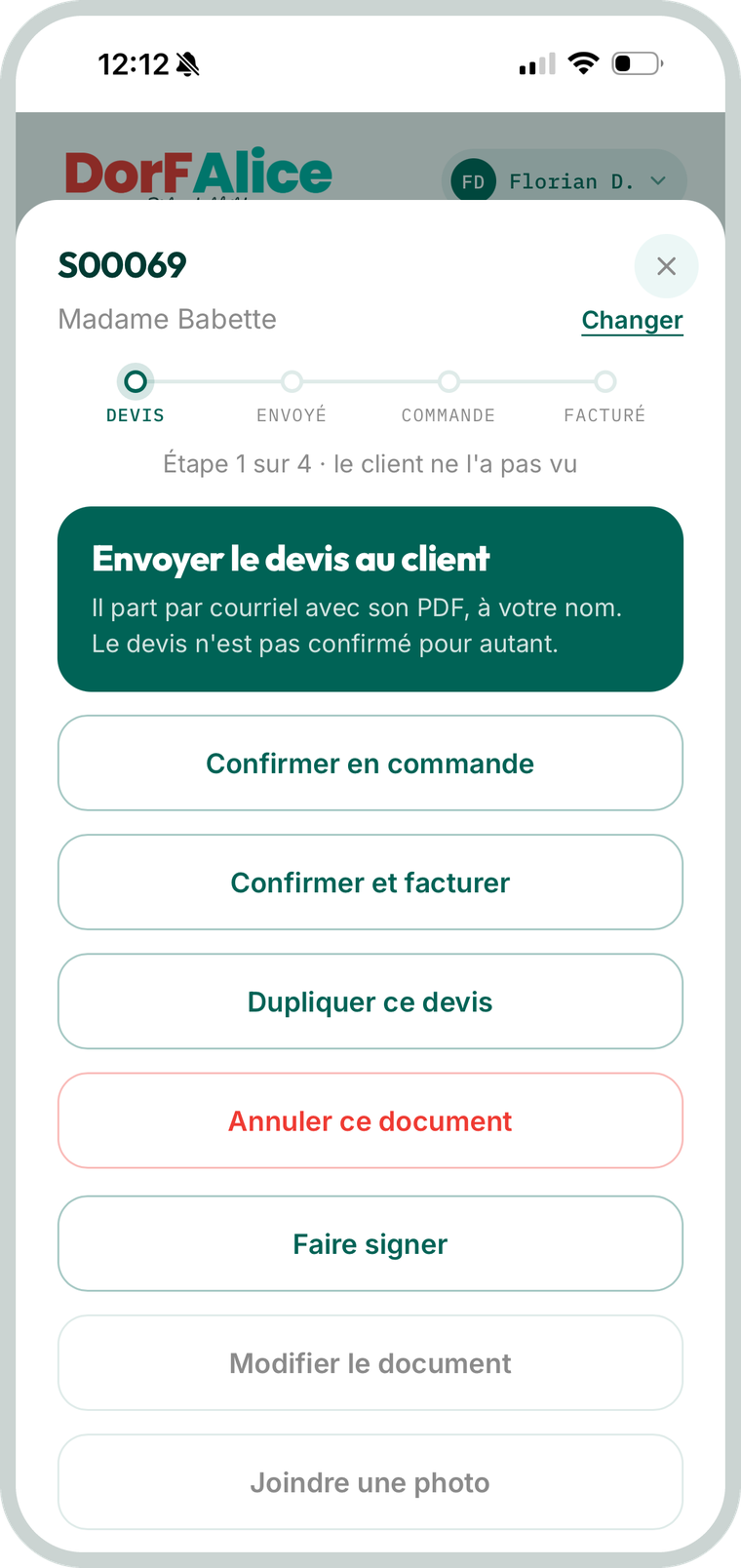 Le menu d'action d'un devis, le geste suivant mis en avant