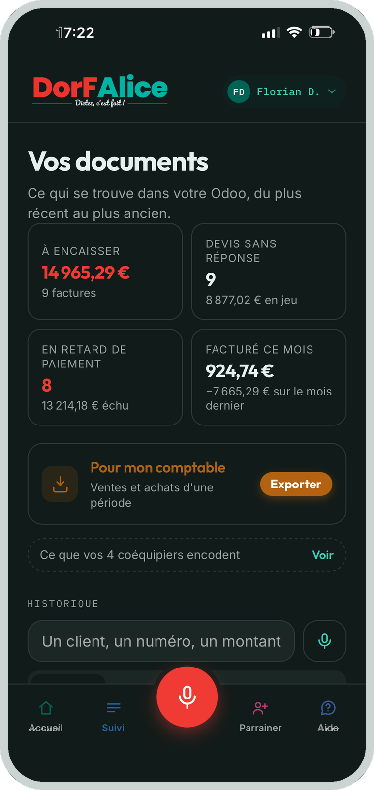 Les quatre totaux du mois dans l'application DorFAlice, en mode sombre