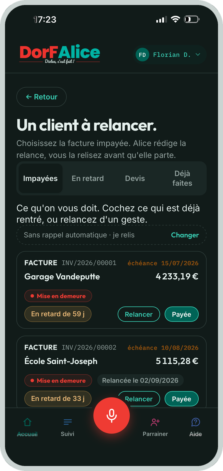 La liste des factures impayées dans l'application DorFAlice, en mode sombre